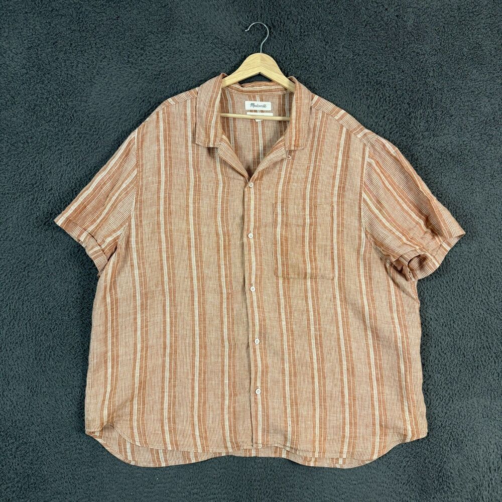 Madewell Shirt Mens XXL Orange Striped Easy Fit 100% Linen Camp Collar Casual
